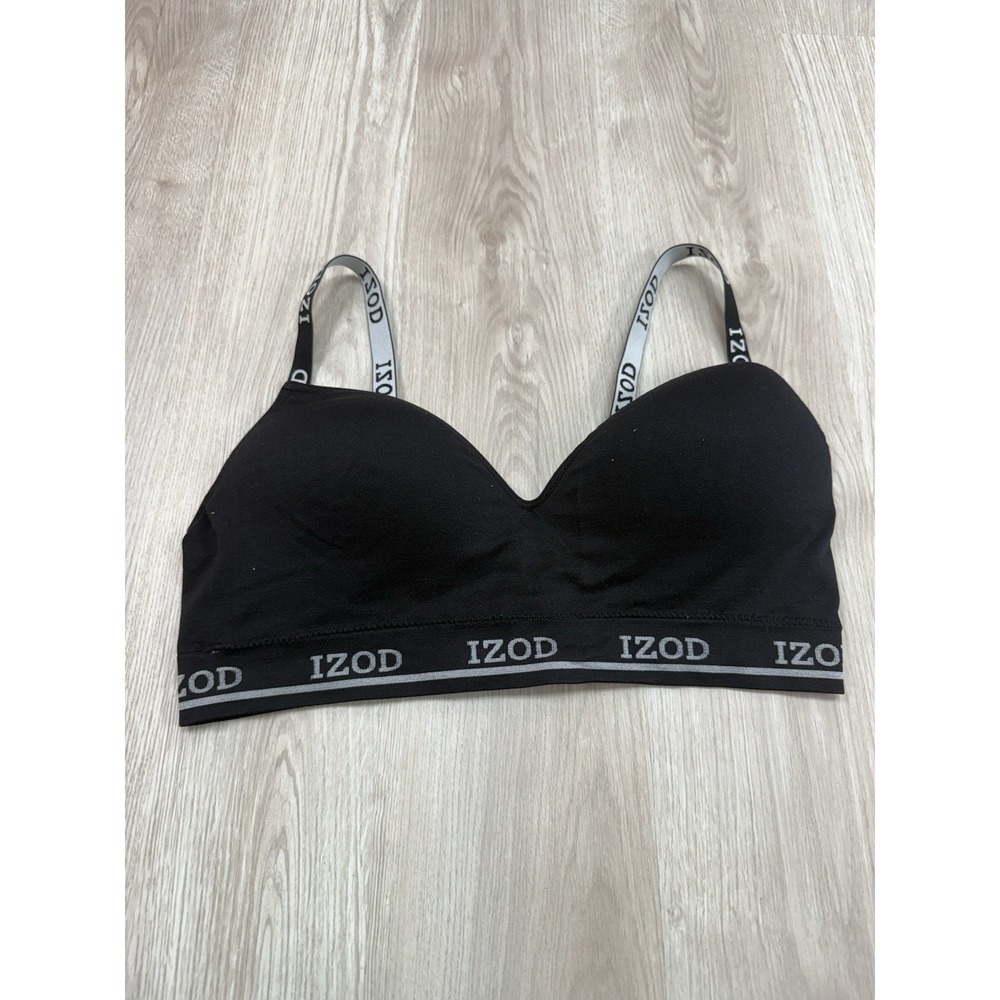 Izod Black Sports Bra Size XL Nylon Spandex Logo Straps & Band Padded Wireless